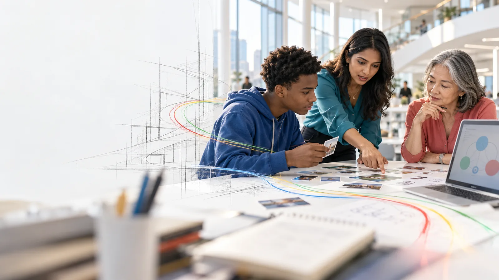 Learners and an educator examine evidence together in a bright contemporary learning studio.