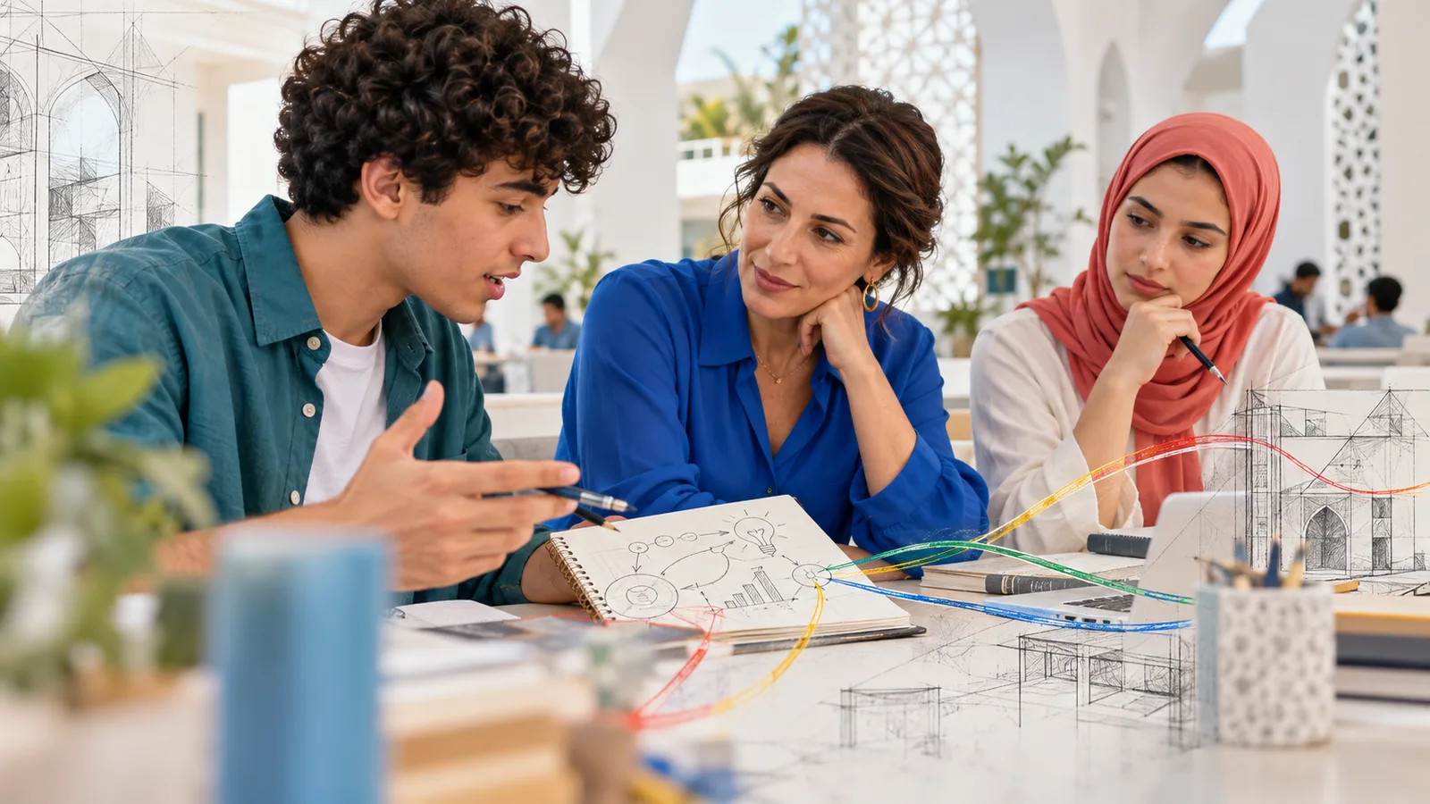 An educator listens as a learner explains a problem in a contemporary learning studio.