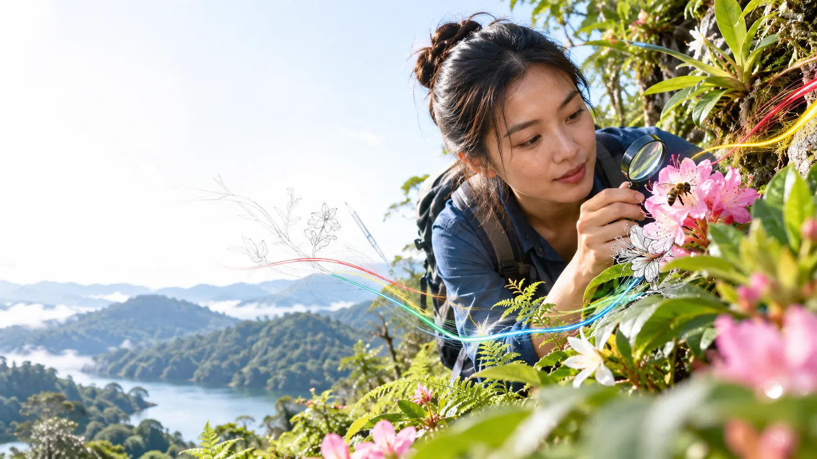 Naturalist pulls a hand lens away from a blossom, discovering the pollinator and neighboring plants around it.