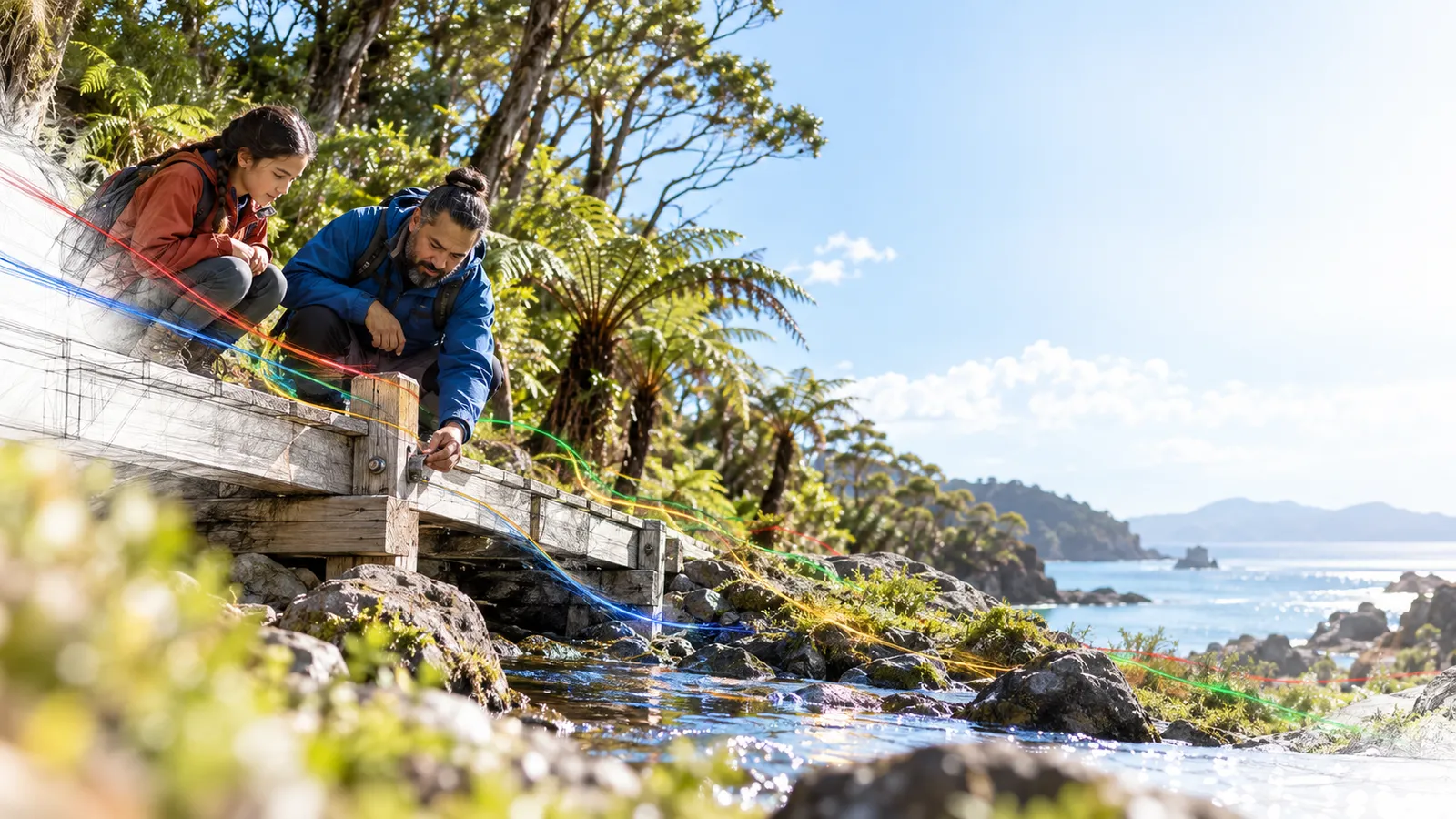 Caretaker inspects the connections of a small low wooden footbridge over a gentle stream from its side, bright water, grounded maintenance..