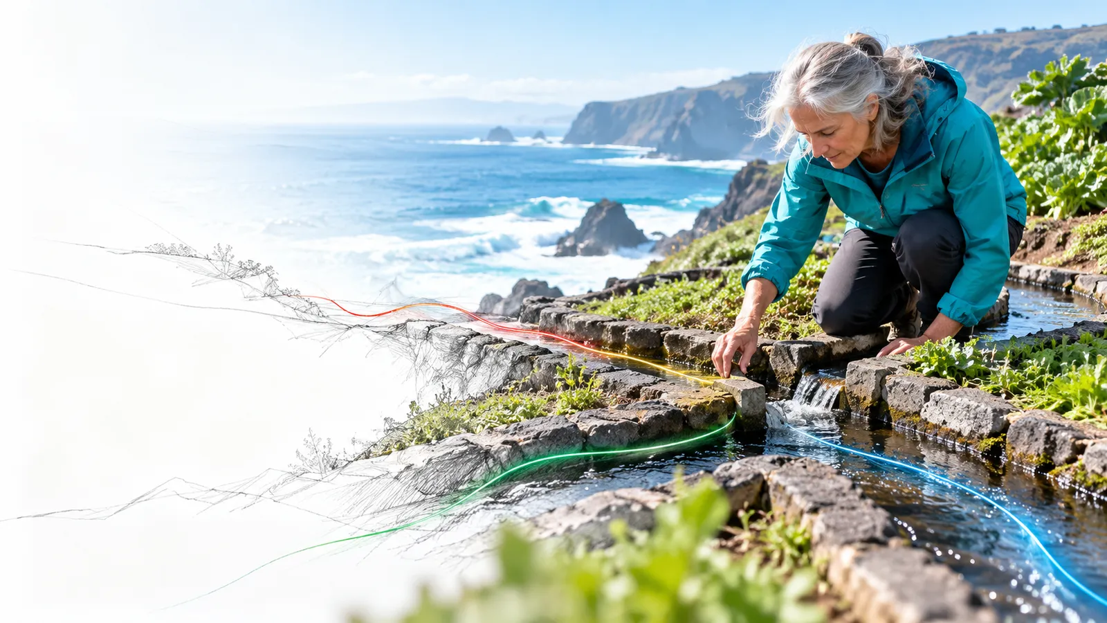 Person examines water movement at one junction of small garden irrigation channels before adjusting it, overhead oblique view of soil and water..