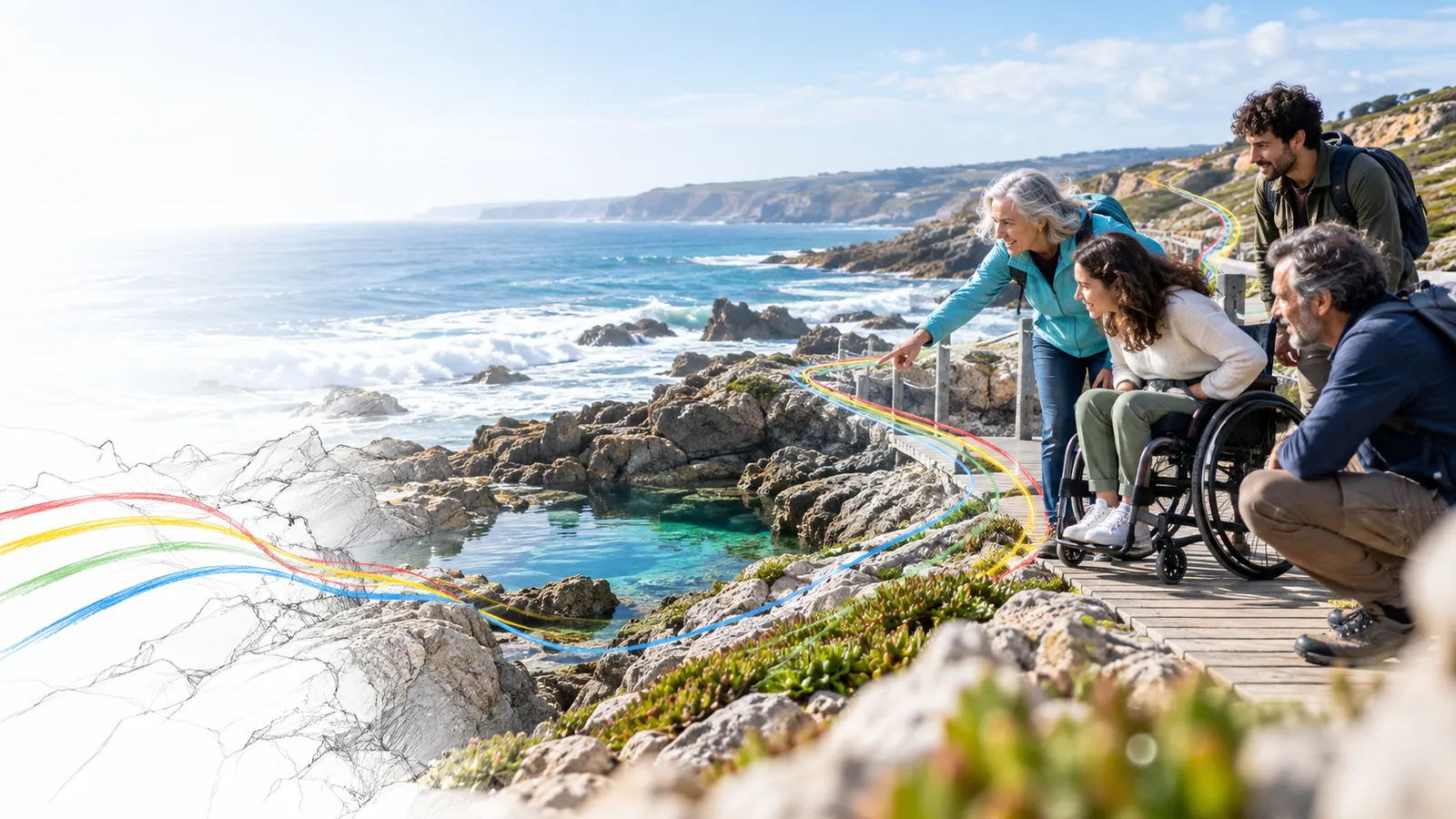 Mixed-age diverse group including a wheelchair user examines an accessible coastal rock formation together along a boardwalk, candid meaningful discovery..