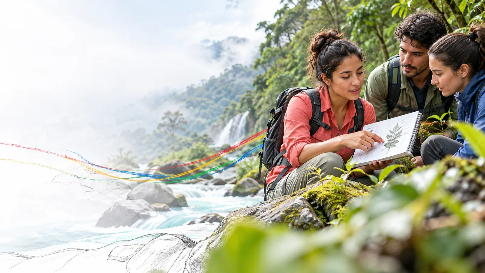 Young field-team member shares a carefully documented observation with two supportive colleagues outdoors.