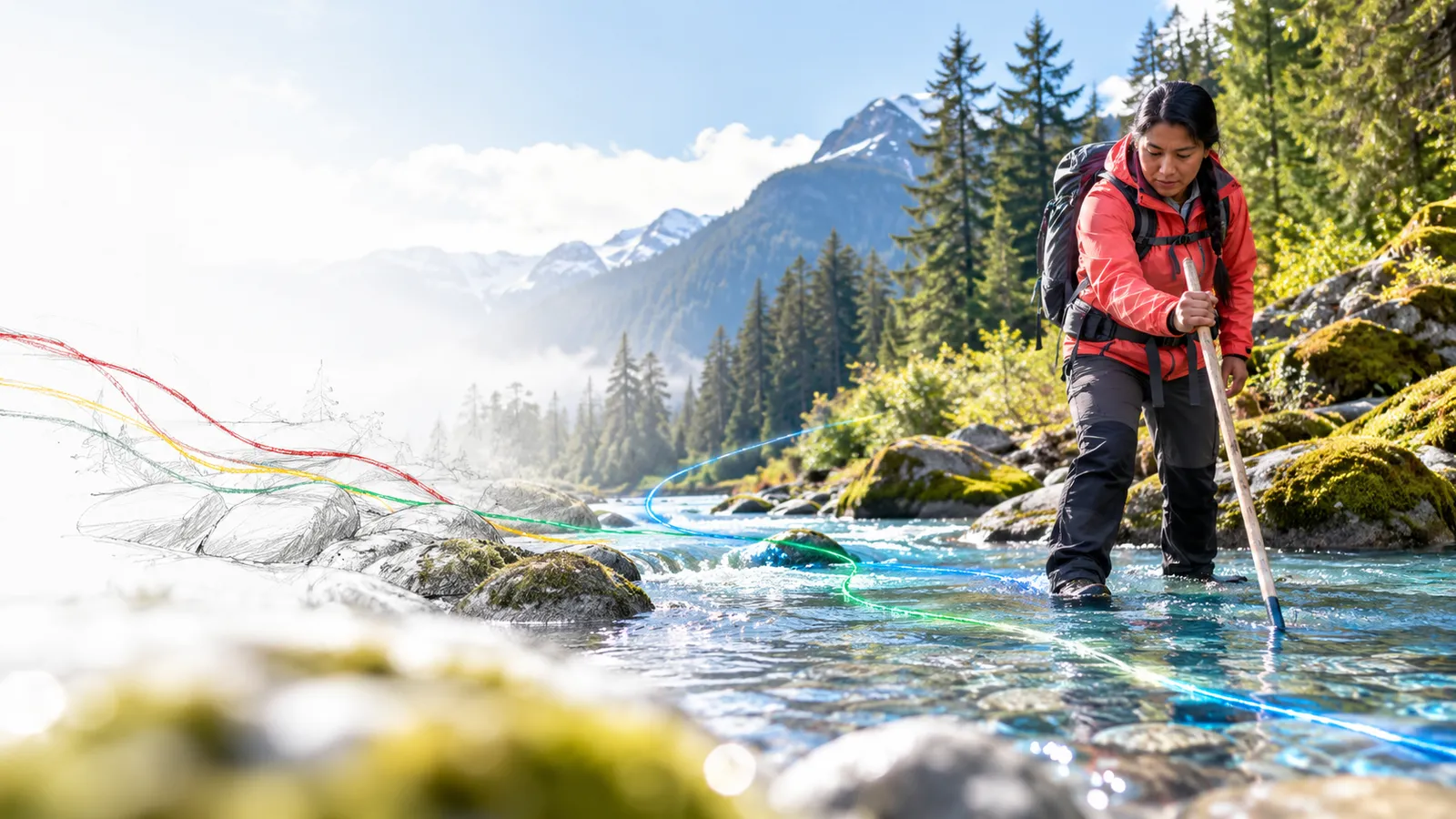 Explorer safely on a chalk riverbank checks the shallow clear stream depth with a long pole before crossing.