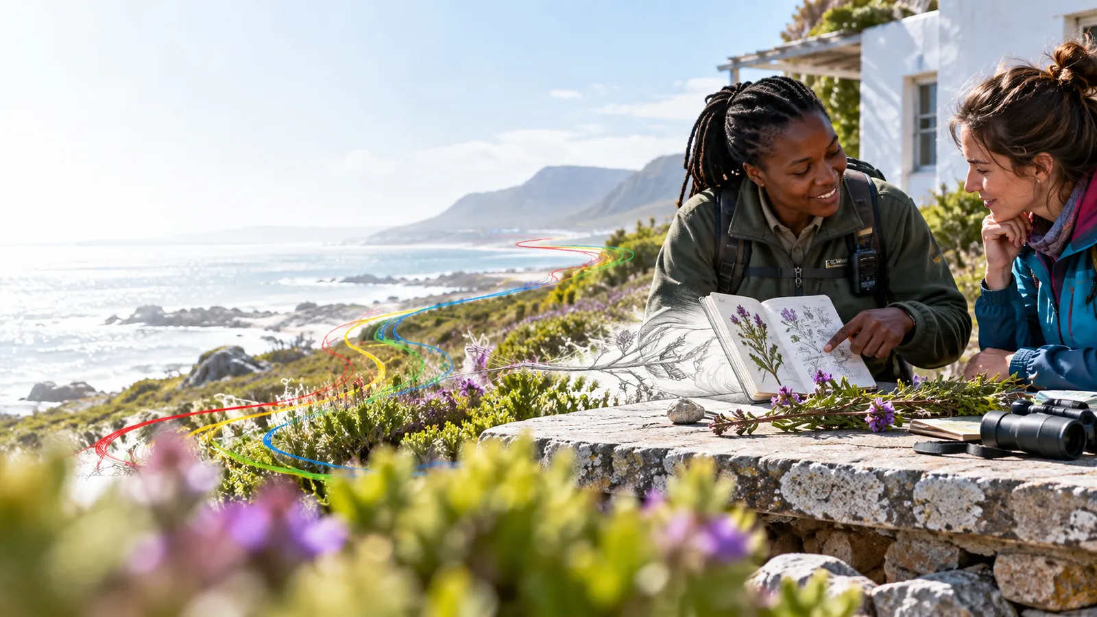 Person shares an open field notebook beside the natural observations that support it, clear interaction with another person at outdoor stone table..