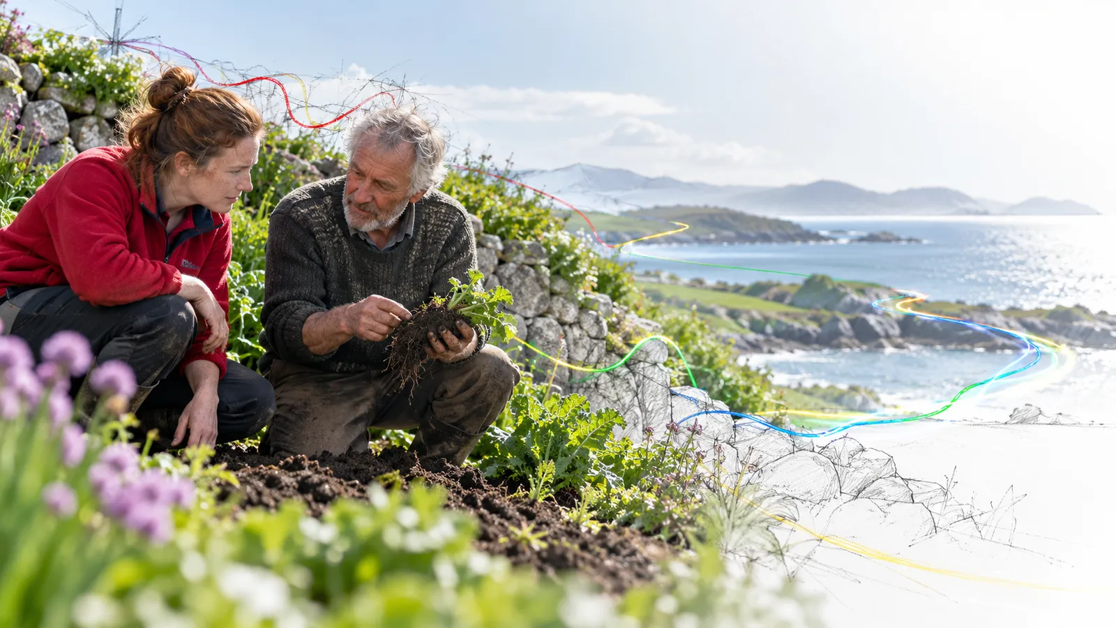Explorer kneels beside an older farmer and listens as the farmer explains a subtle detail of the soil and roots.