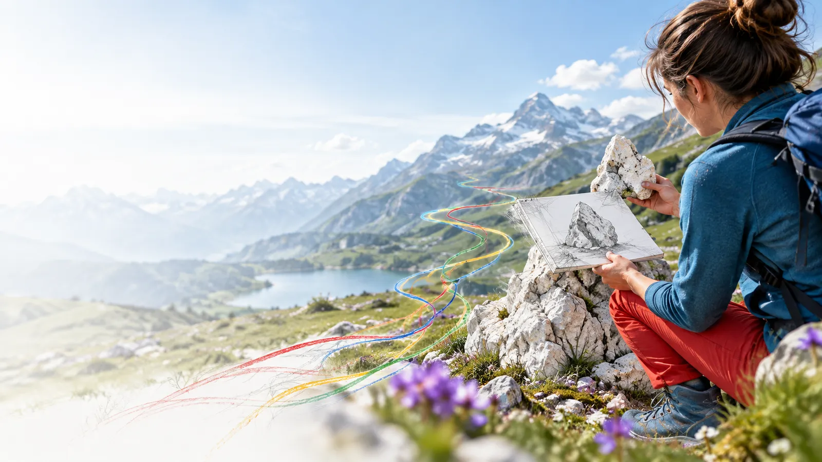 Researcher compares a detailed field sketch with a small real white rock formation, physically checking the correspondence, over shoulder composition..