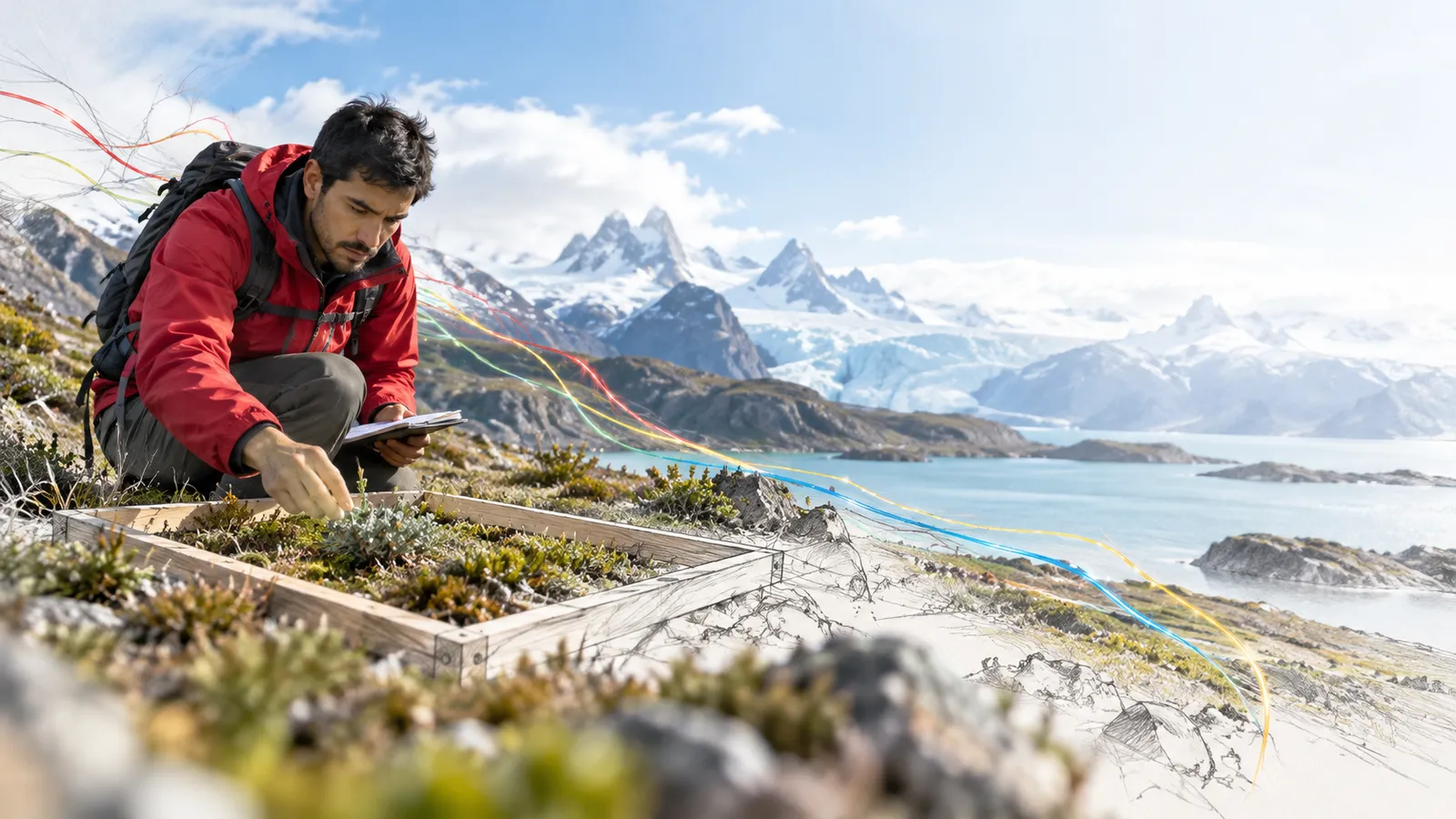 Fieldworker examines vegetation within a square wooden sampling frame in a broad meadow.