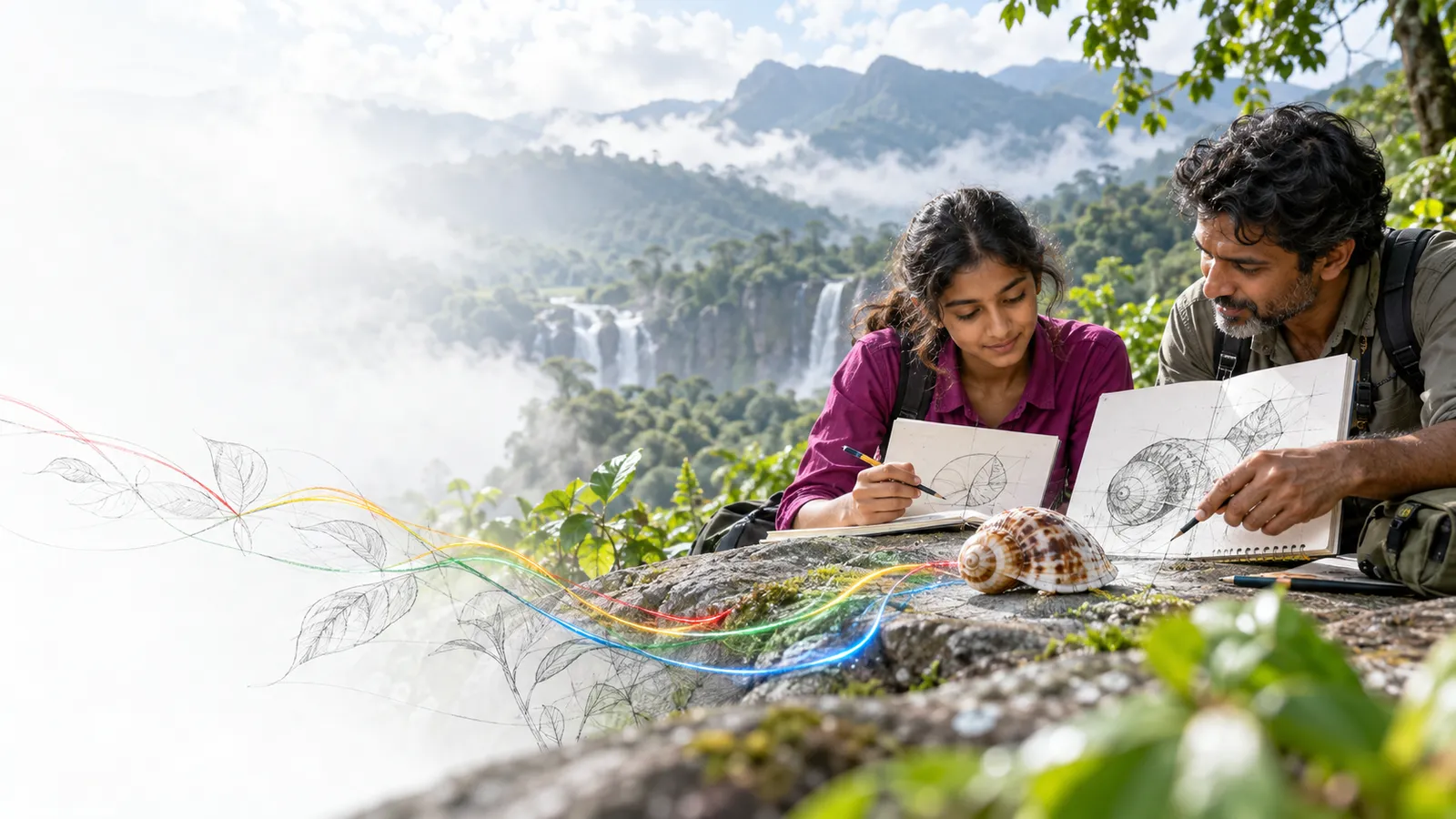 Teen learner and experienced adult researcher compare simple and detailed observation sketches beside the same natural shell, respectful shared table..