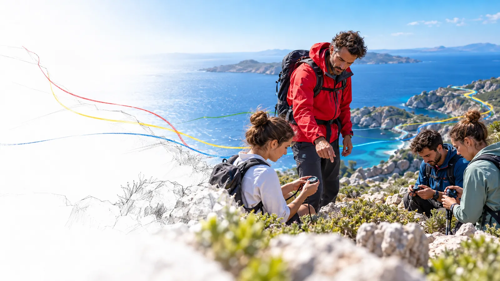 Field guide checks a small group's preparation while each participant examines their own simple equipment, bright woodland edge, candid diagonal..