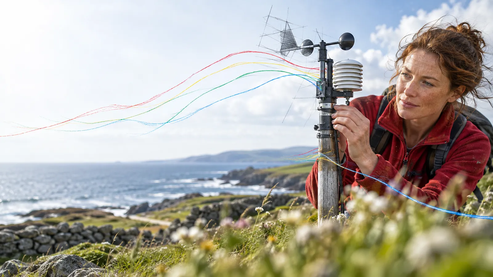 An explorer checks a simple weather instrument against the actual surrounding sky and grasses, close focused hands, daylight..