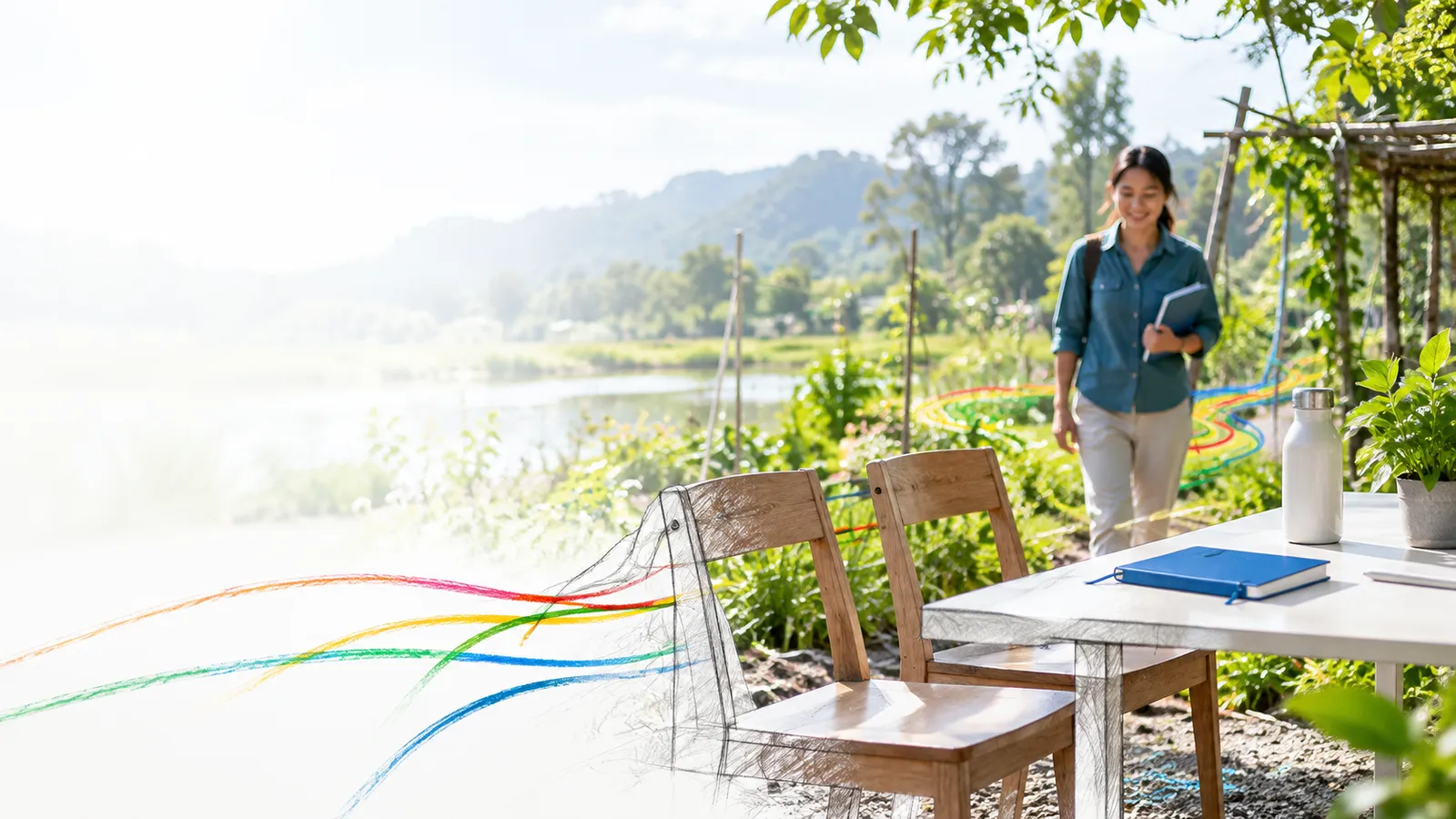 Two empty natural wood seats beside a modest field table in a bright clearing, a person approaches softly out of focus in background..