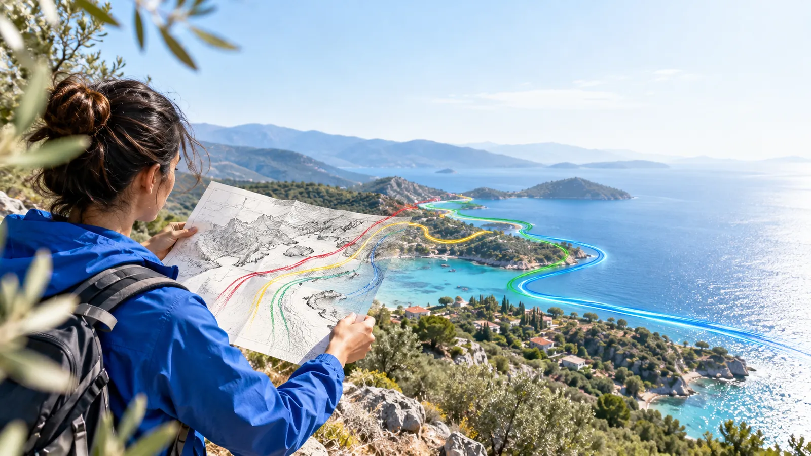 Explorer rotates a folded hand-drawn terrain map to align it with a real coastal landscape, no readable labels.