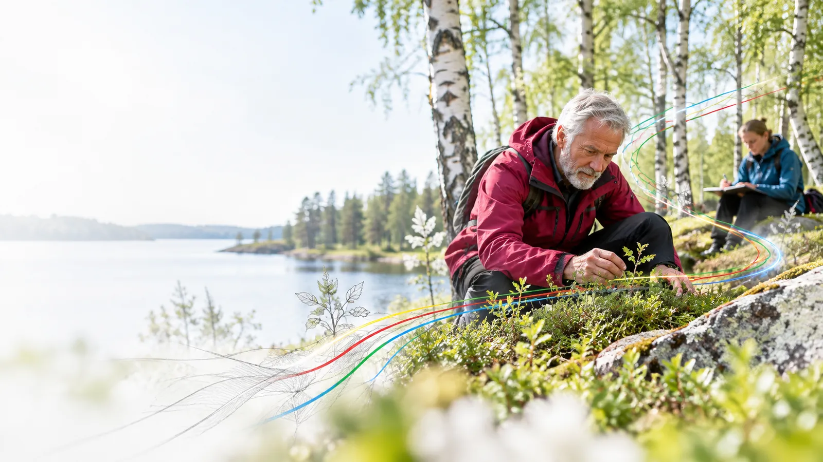 Learner performs a nature observation exercise while an independent observer records results a short distance away, open bright field camp..
