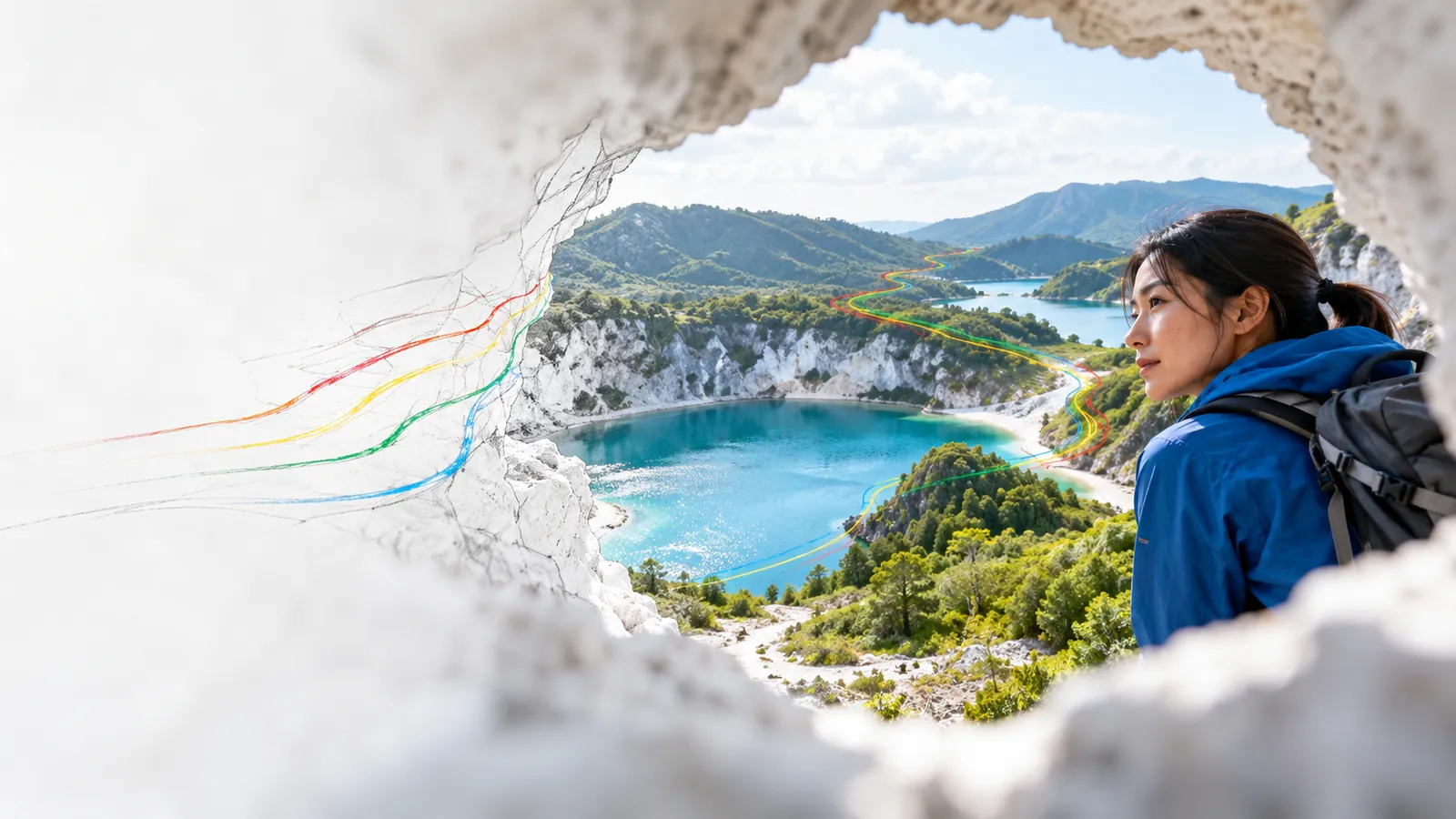 Explorer looks through a small natural opening in a white rock wall toward different soft habitats beyond.