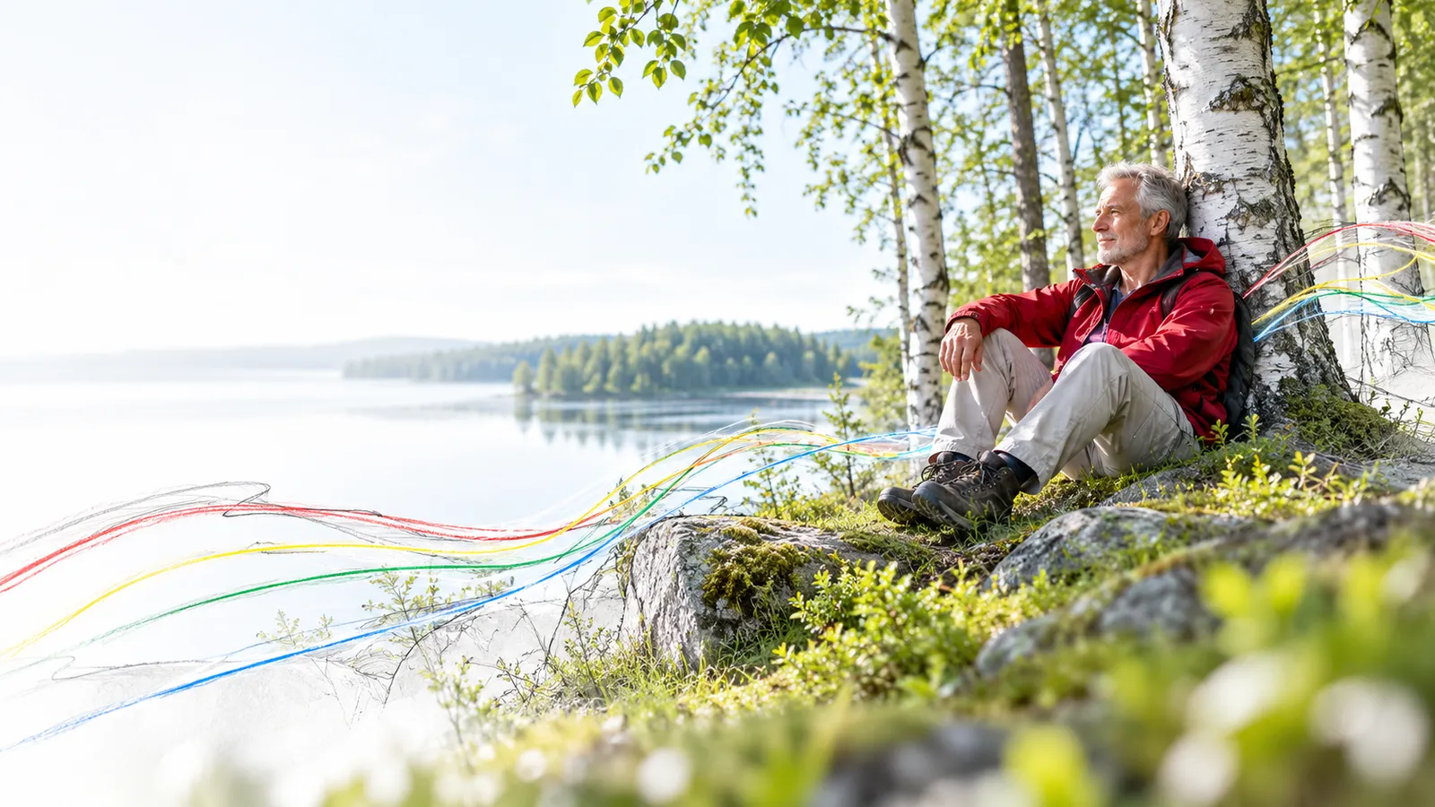 An adult in light clothes rests comfortably in the dappled shade of a white birch clearing, observing softly lit grass.