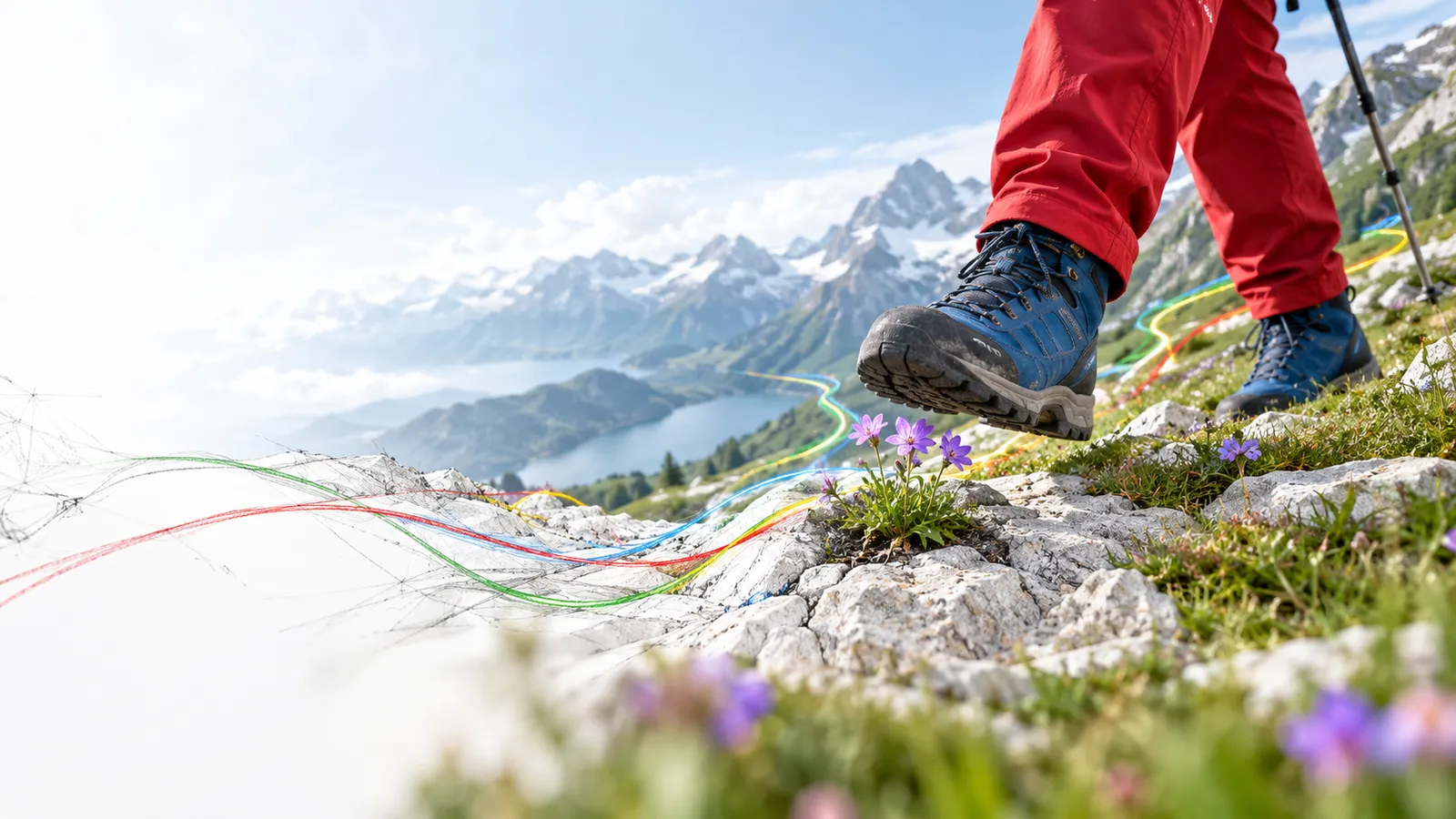 Low close camera sees an explorer carefully change their footing to leave a tiny fragile alpine plant undisturbed on white stone.