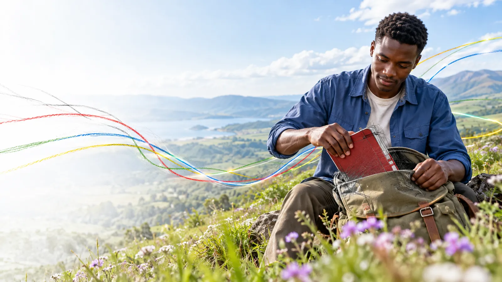 Human hands gently secure a closed field notebook inside a protective canvas cover, quiet nature background, entrusted information..