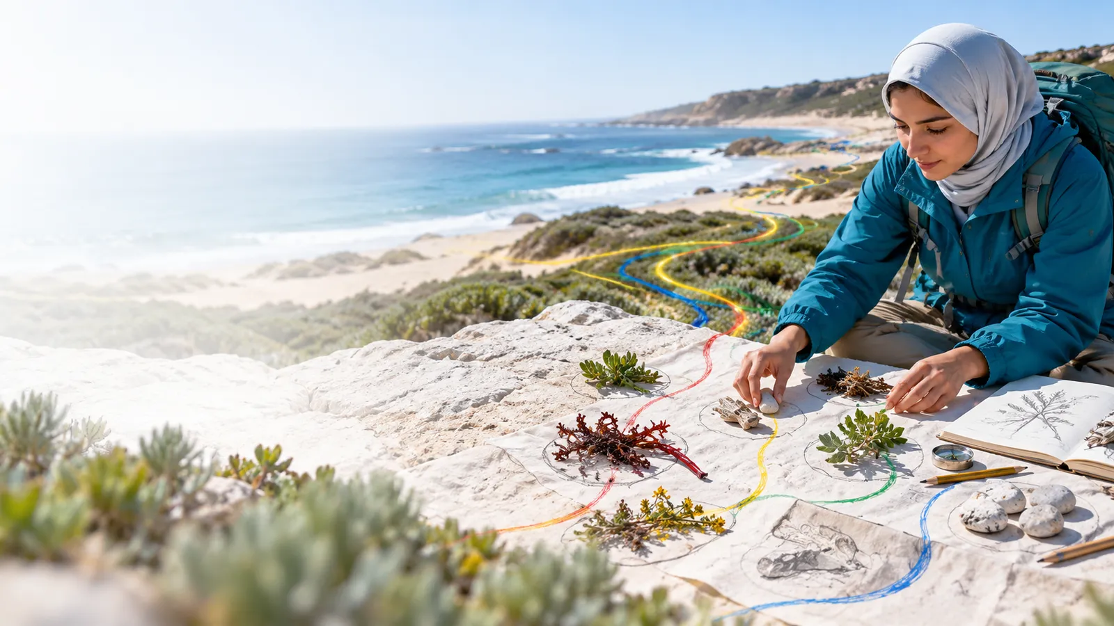 An explorer arranges distinct natural field studies into connected groups on linen, overhead view of hands stones leaves and sketches..