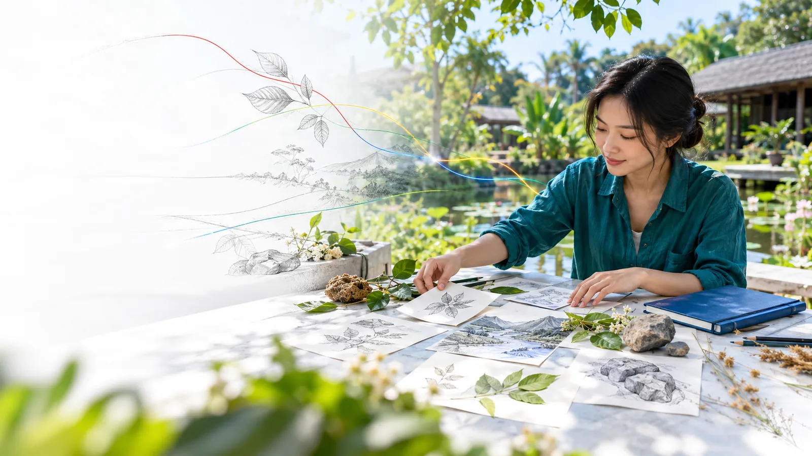 A woman assembles a set of unlabelled field observation sketches from different locations on a outdoor table.
