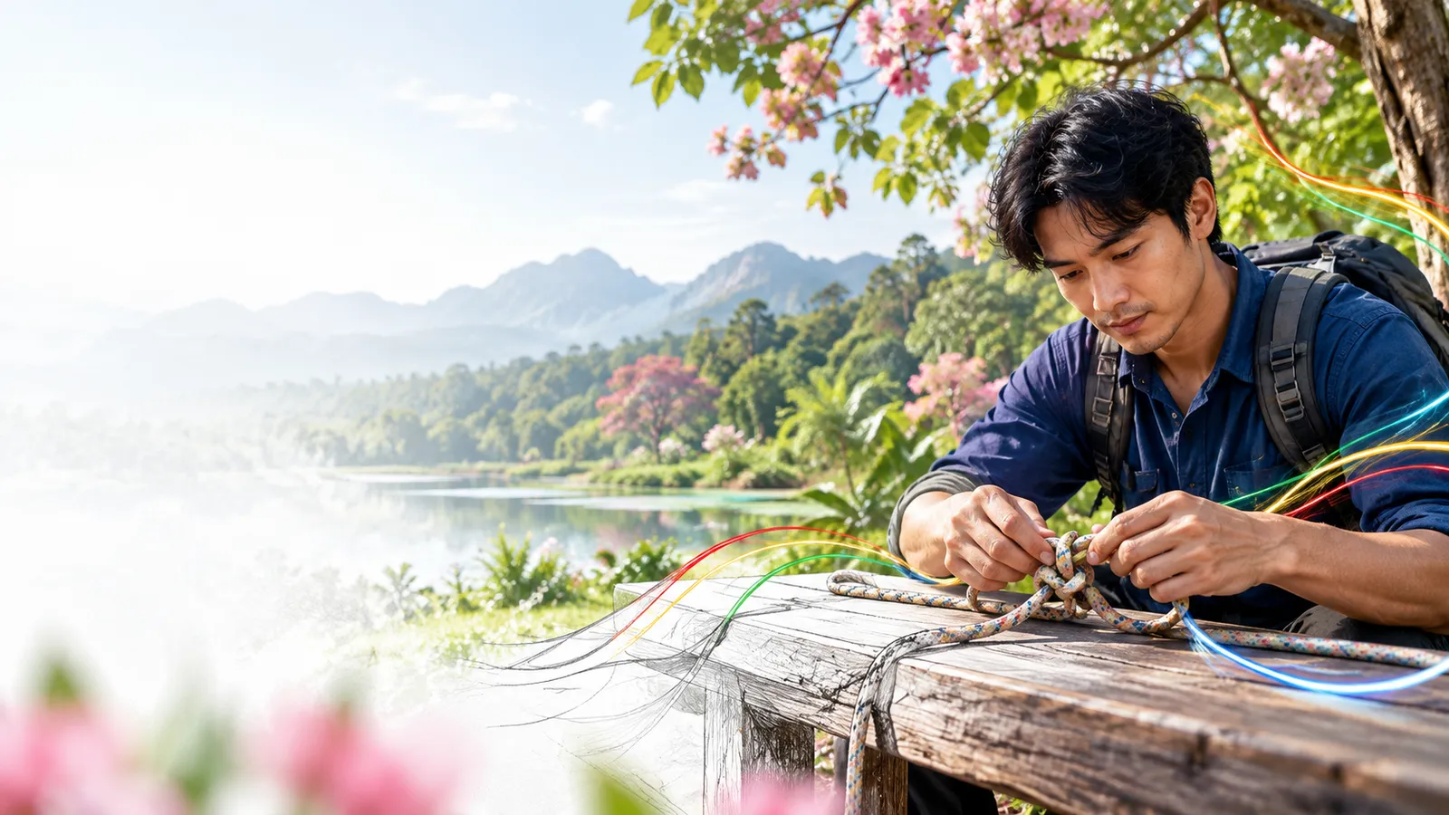 Close human hands patiently untie and retie an imperfect practice knot on a wooden bench in a bright garden.