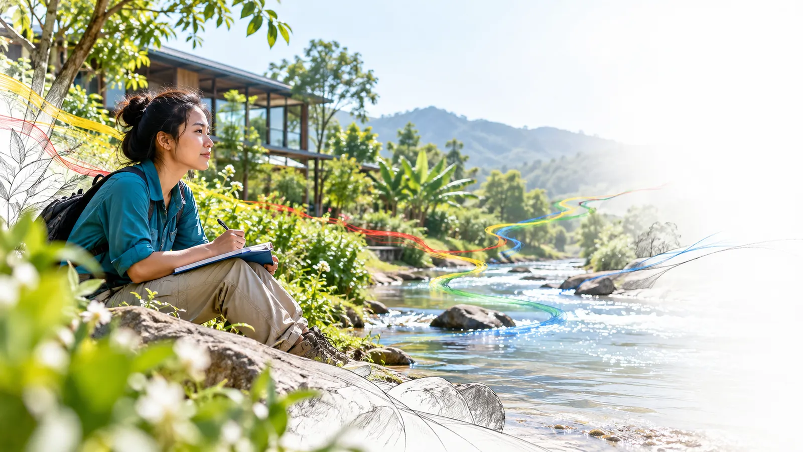 An explorer watches the movement of a broad shallow river from a safe bank, thoughtful side portrait, no danger or cliff edge..
