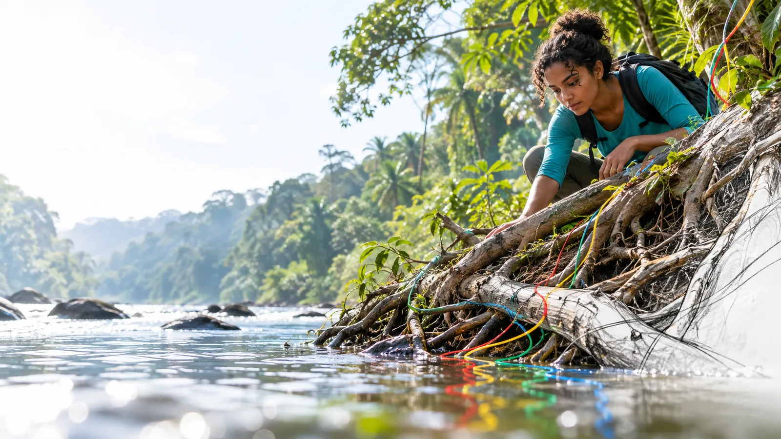 Researcher closely observes roots holding a riverbank together and a fallen branch caught among them, without moving it.