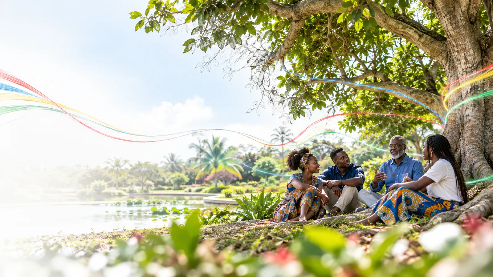 Small diverse group sharing a thoughtful conversation in the expansive shade of a broad tree, ground, natural relaxed arrangement, candid lateral perspective..