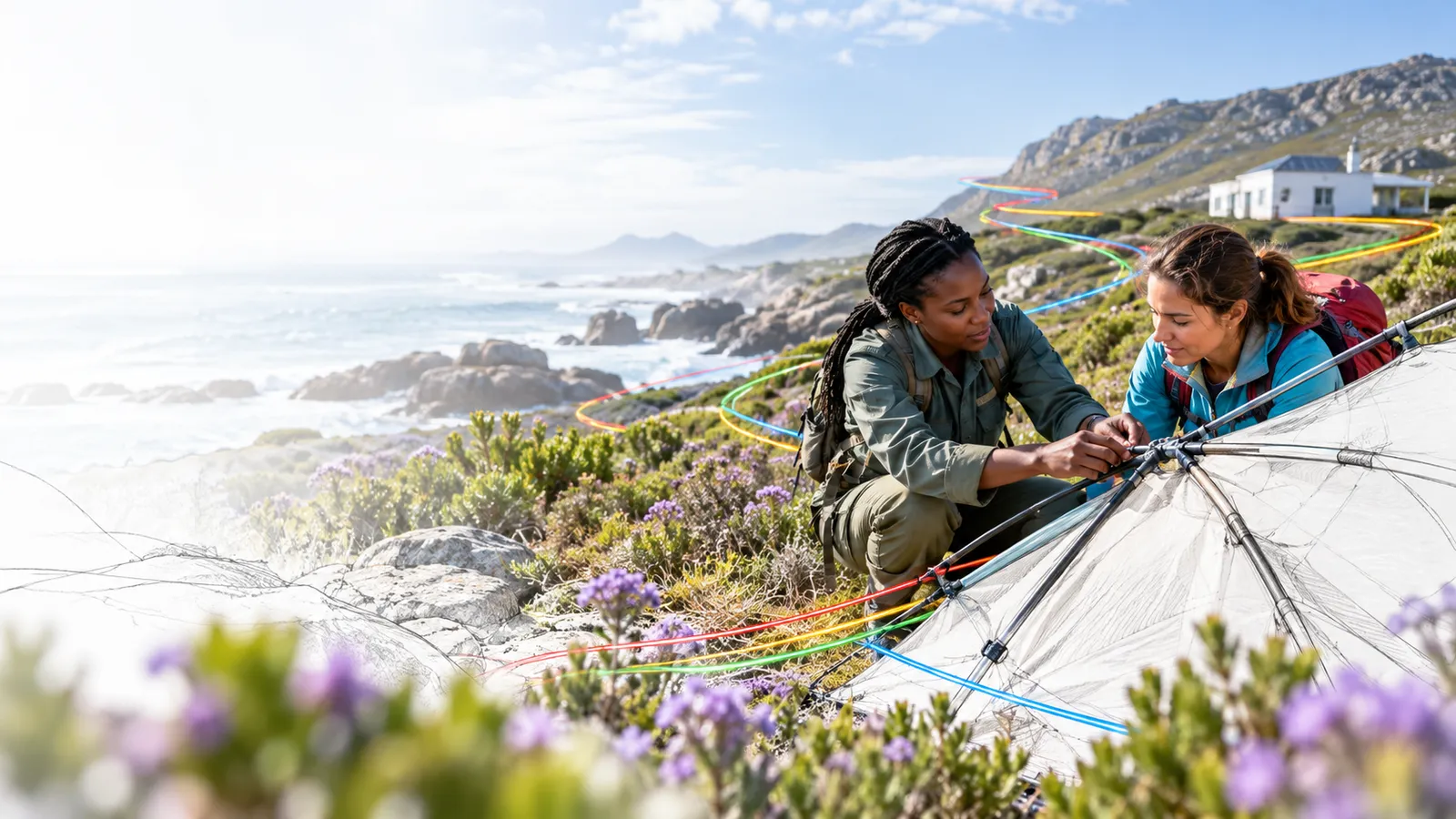 Two people inspect interconnected fastenings of a lightweight field shelter before use, clear real construction, meadow..