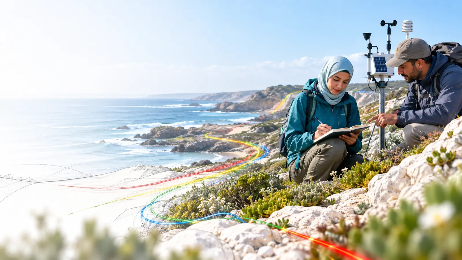 Field technician marks a modest observation in a notebook while consulting a specialist beside a natural habitat monitoring station, responsible escalation..