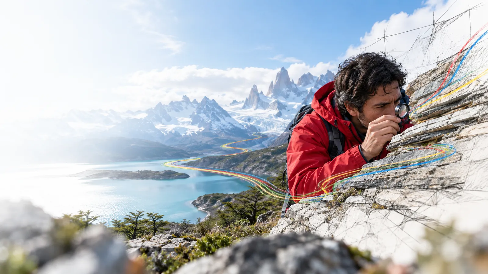 Geologist examines intricate limestone strata with a small hand lens, angled intimate view, layered geological depth rather than mountain panorama..