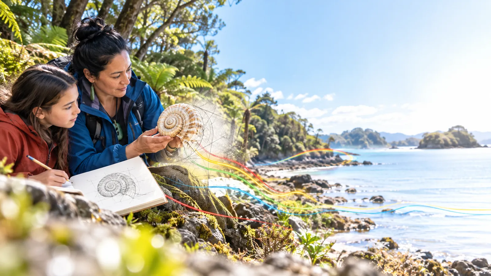 A person compares the distinctive whorl of a natural shell with a careful graphite field drawing, bright palette, evidence and traceability..
