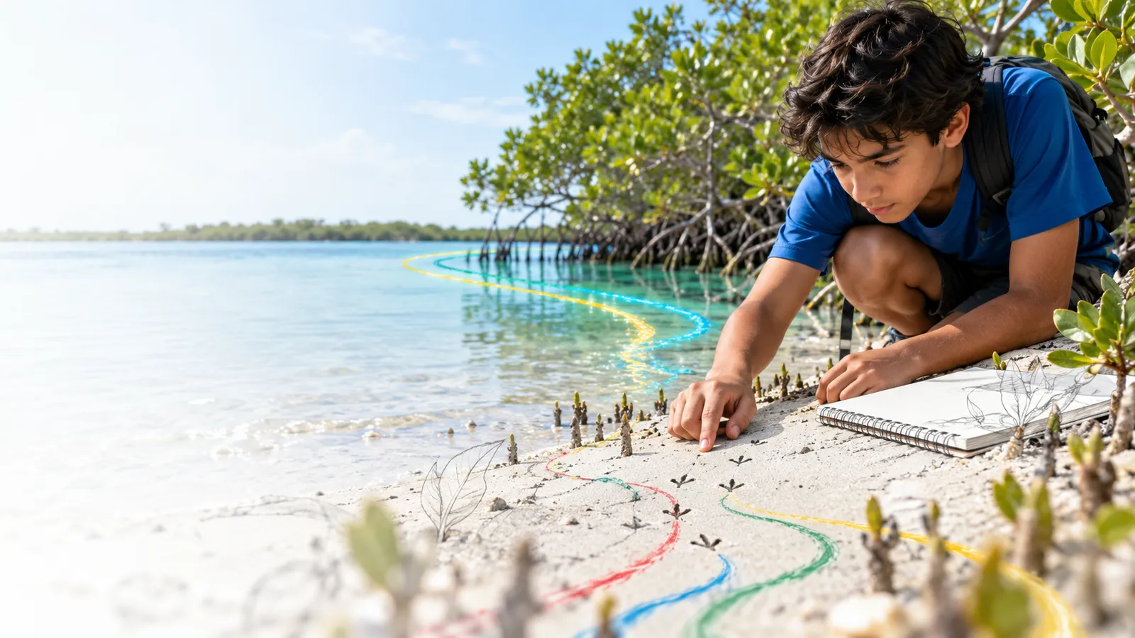 Young learner investigates unfamiliar small animal tracks in sand, blank field notebook beside them, hands and tracks sharply focused..