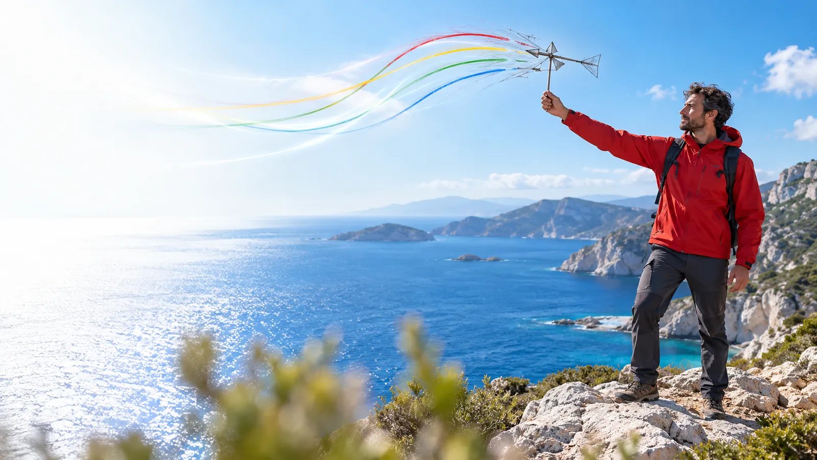 Person holds a delicate simple wind vane at arms length while standing firmly on coastal rock.